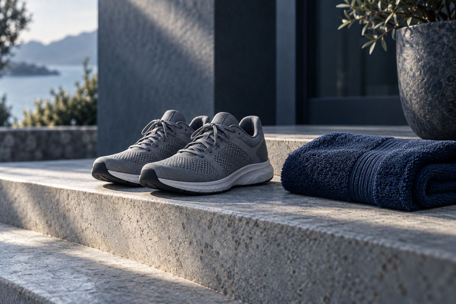 Running shoes on a stone step