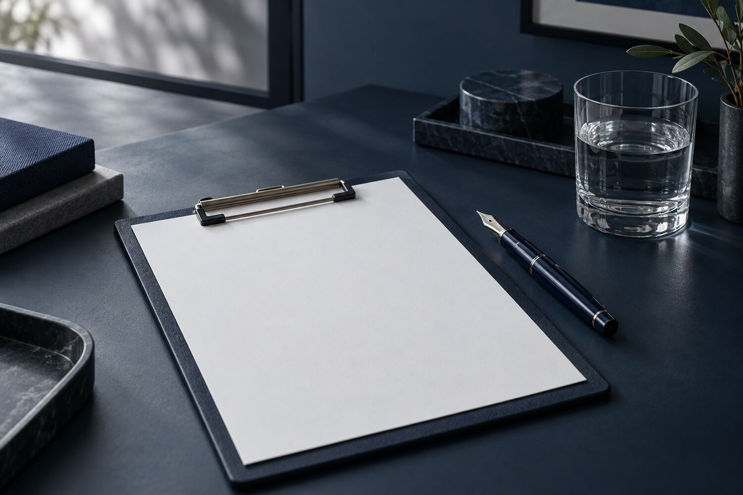 A clipboard and pen on a navy desk